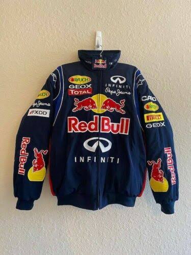 "Vintage Red Bull retro racing jacket featuring a striking design with bold logos and vibrant colors. The jacket has a zip-up front and a sporty silhouette, perfect for motorsport fans and daily wear."