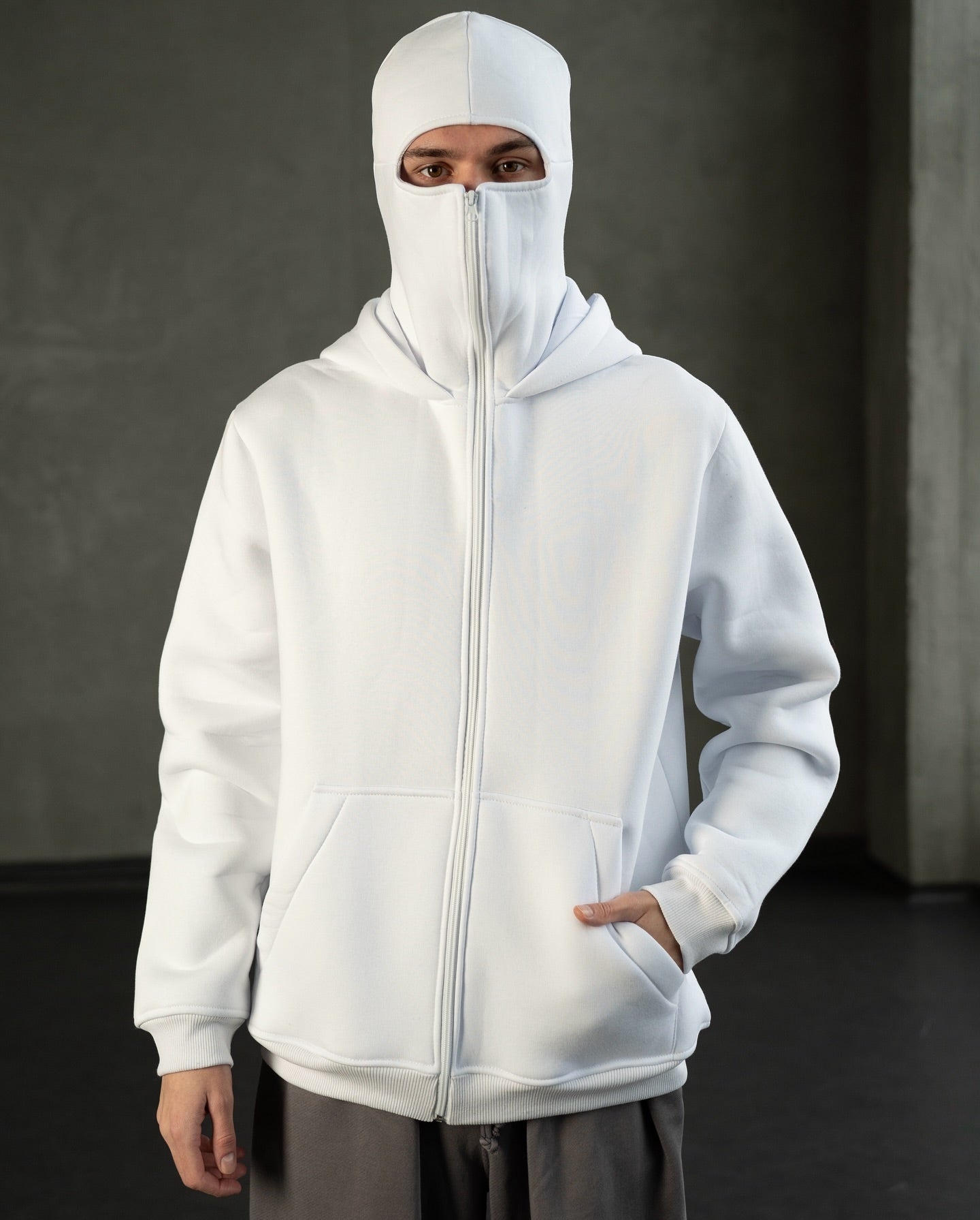 Balaclava White Relaxed Fit Fleece Zip Up Hoodie For Men's