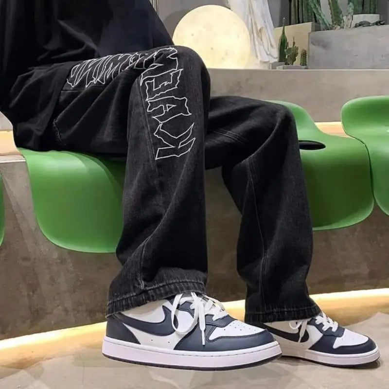 Aesthetic Y2K Black Baggy Streetwear Style Printed Jeans For Men's |Shopping factory23