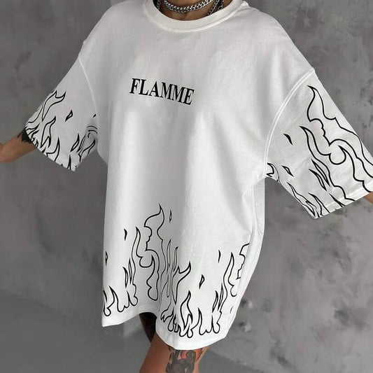 Cool Aesthetic Fir Flame Oversized Drop Shoulder T-shirt For Women