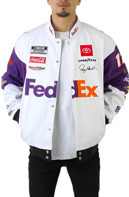 A vintage FedEx Express racer jacket featuring a sleek black design. The front showcases a zippered closure, a high collar, and the FedEx logo prominently displayed on the left chest.