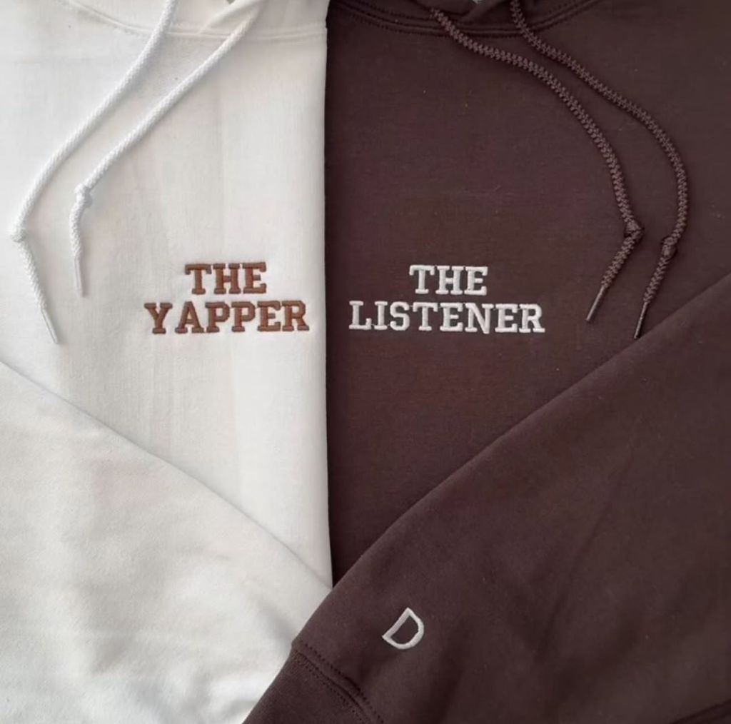 "The Yapper & The Listener Combo Custom Sleeve Embroidery Matching Couples Hoodie For Him & Her."