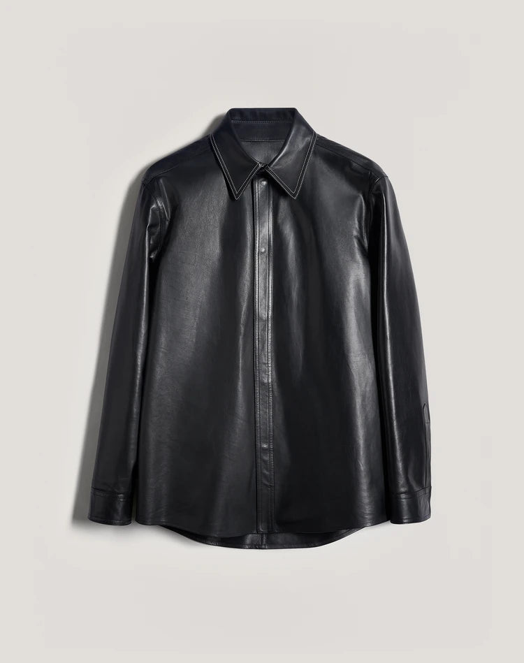 Men Contrast Stitch Black Vegan Leather Shirt For Men's - Clothing Apparels