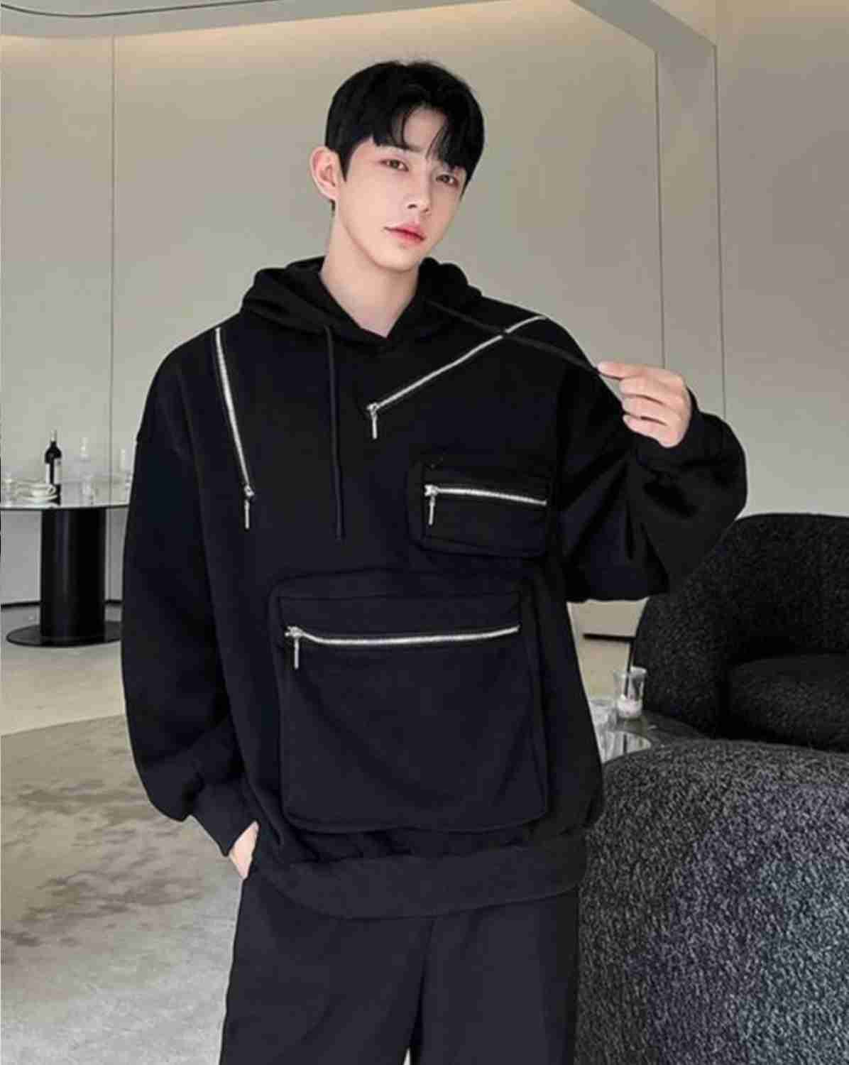 Korean Fashion Style Multi Zip Pocket Oversized Pullover Hoodie For Men's